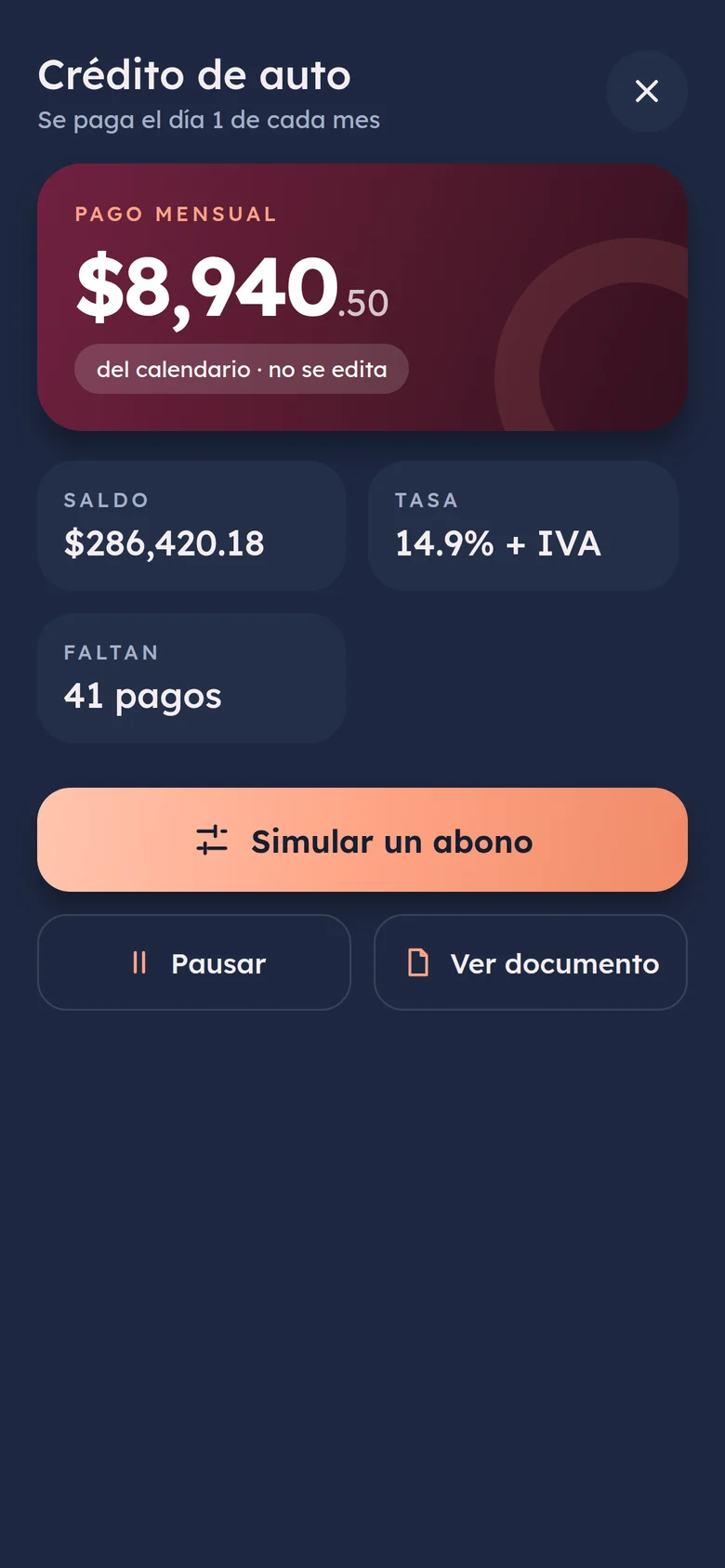 Detalle de un crédito de auto en Vault